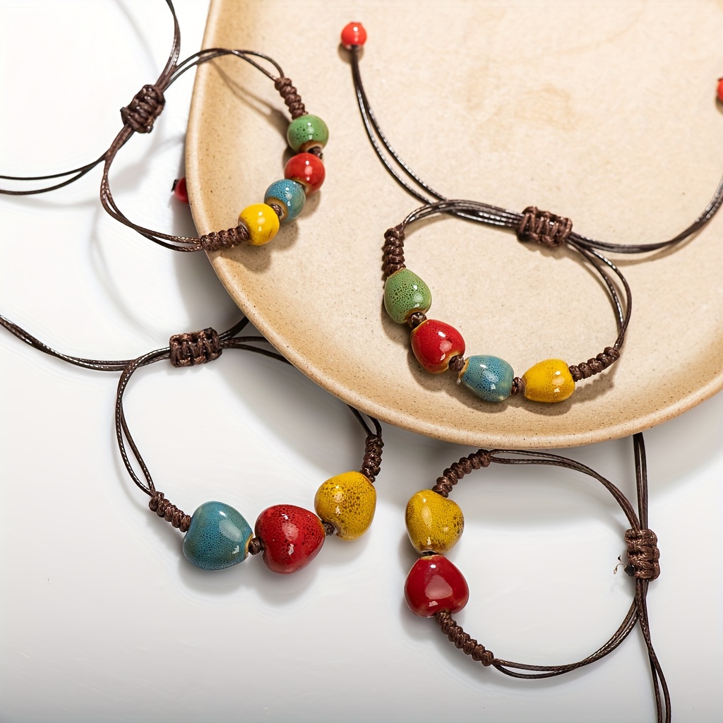 Bohemian Ceramic Heart Bracelet Handcrafted Woven Adjustable Band Ethnic Style